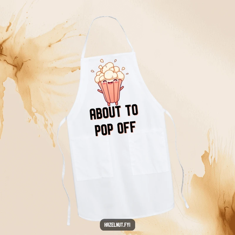 Funny apron with a cheerful popcorn kernel bursting upwards with a delighted expression, ideal for a humorous cooking experience.