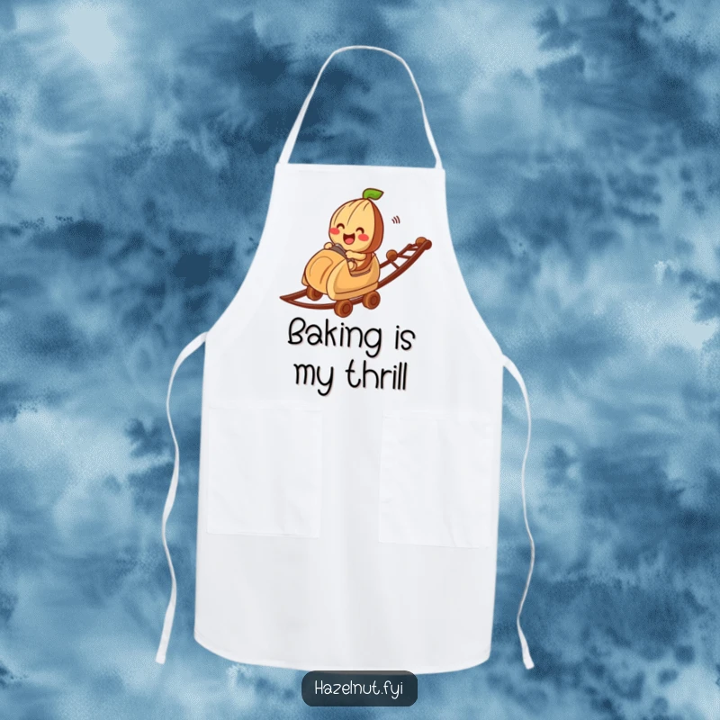 Funny hazelnut character on a chocolate bit roller coaster, worn on a kitchen apron, making cooking fun and humorous for gifts.