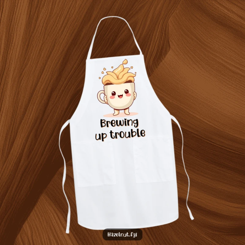 Funny Apron featuring a cheerful kawaii hazelnut character holding a comically large, overflowing coffee cup while ready to cook.