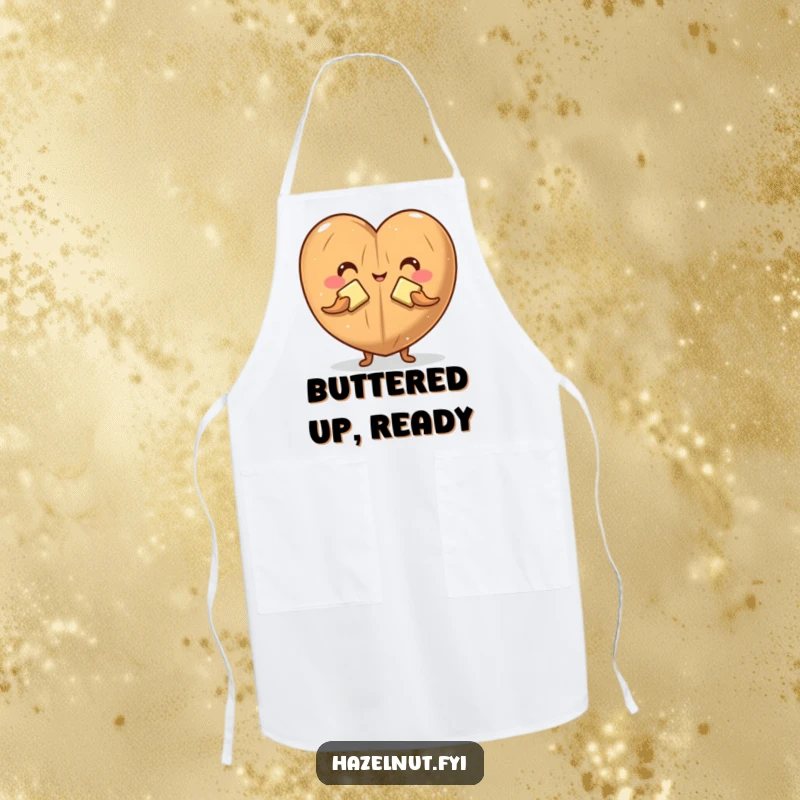 Funny apron showing a cute hazelnut character making a heart shape with butter pats, adding humor to cooking and baking.