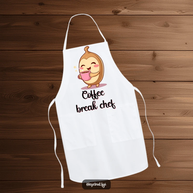 Funny Winking Hazelnut Apron: A cheerful character winks while holding a tiny, steaming coffee cup, perfect for cooking with humor.