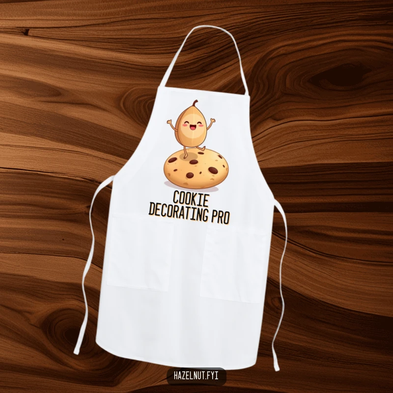 Funny apron with a happy hazelnut dancing on a giant cookie, ready for kitchen fun and celebrations.