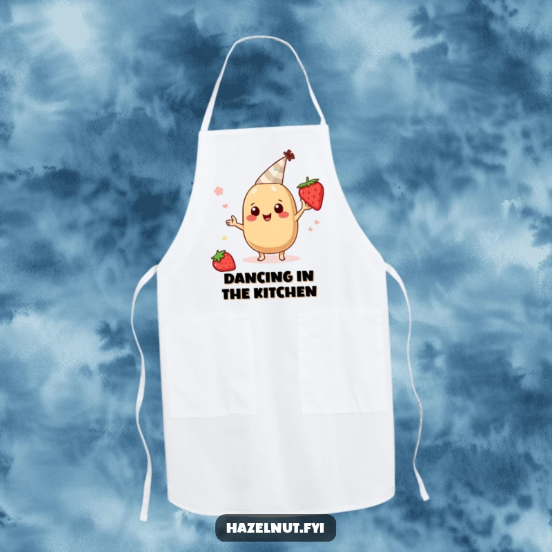 Funny hazelnut character apron, wearing a tiny party hat and boogying with a strawberry slice, humorous festive kitchen wear.