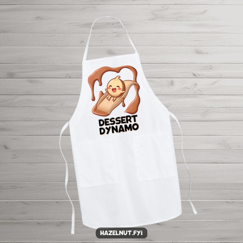 Funny Chocolate Slide Hazelnut Apron, a giggling hazelnut character sliding down a chocolate syrup slide while cooking.