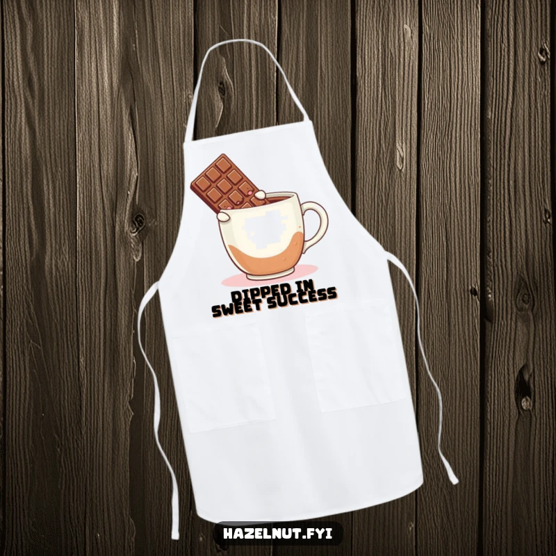 Funny apron featuring a blushing chocolate bar jumping into a large coffee mug, perfect for a humorous cooking experience.