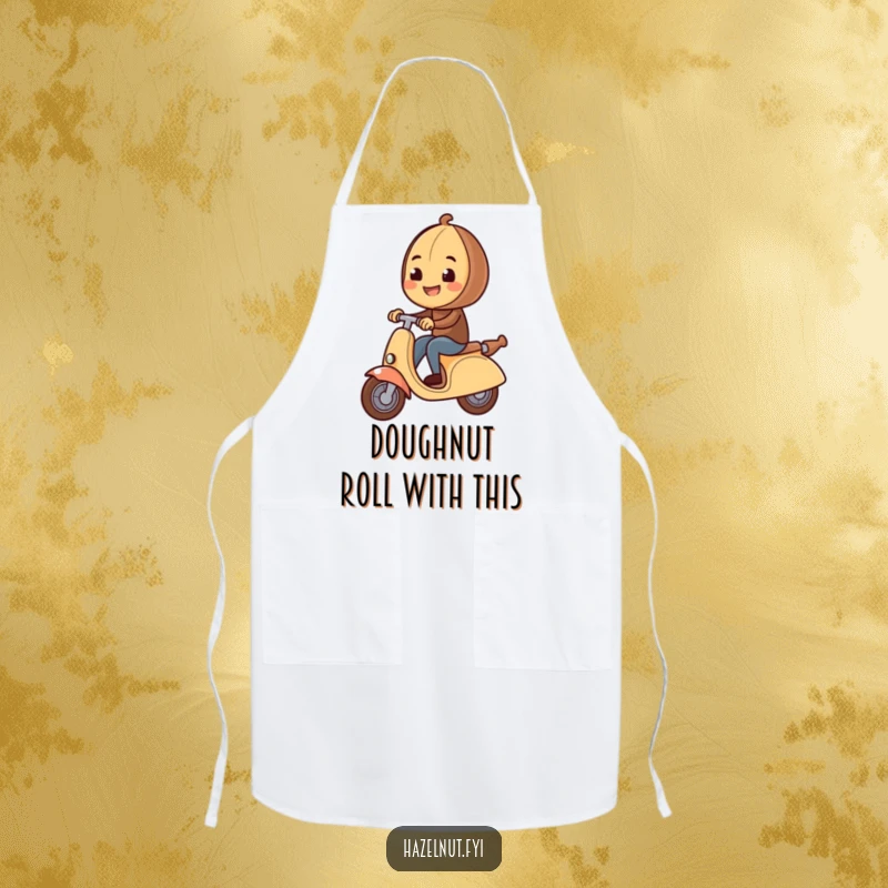 Funny Hazelnut Apron features a happy hazelnut riding a rolling pin like a scooter, ready for kitchen fun and baking.