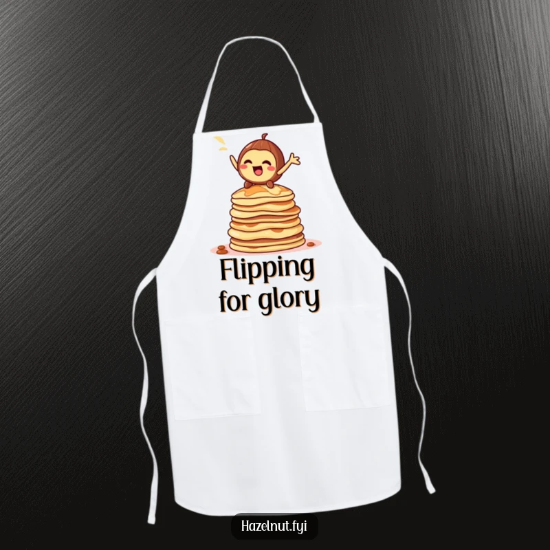 Funny hazelnut character apron, striking a dramatic pose on a towering stack of pancakes, humorous kitchen wear.