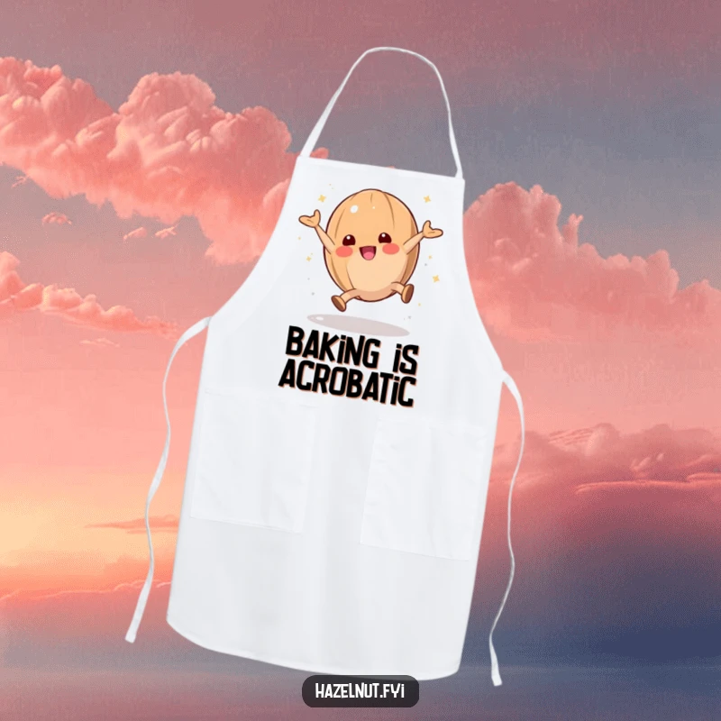 Funny hazelnut character doing a cartwheel with powdered sugar, perfect for a playful baking apron.