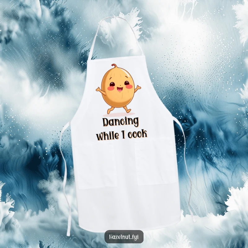 Funny apron with a cheerful, round hazelnut doing a joyful little dance while wearing a chef's hat, perfect for kitchen fun.