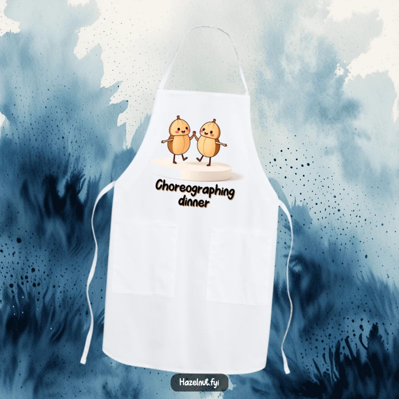 Funny apron with two dancing hazelnuts on a stage, adding humor and flair to the kitchen, a delightful gift.