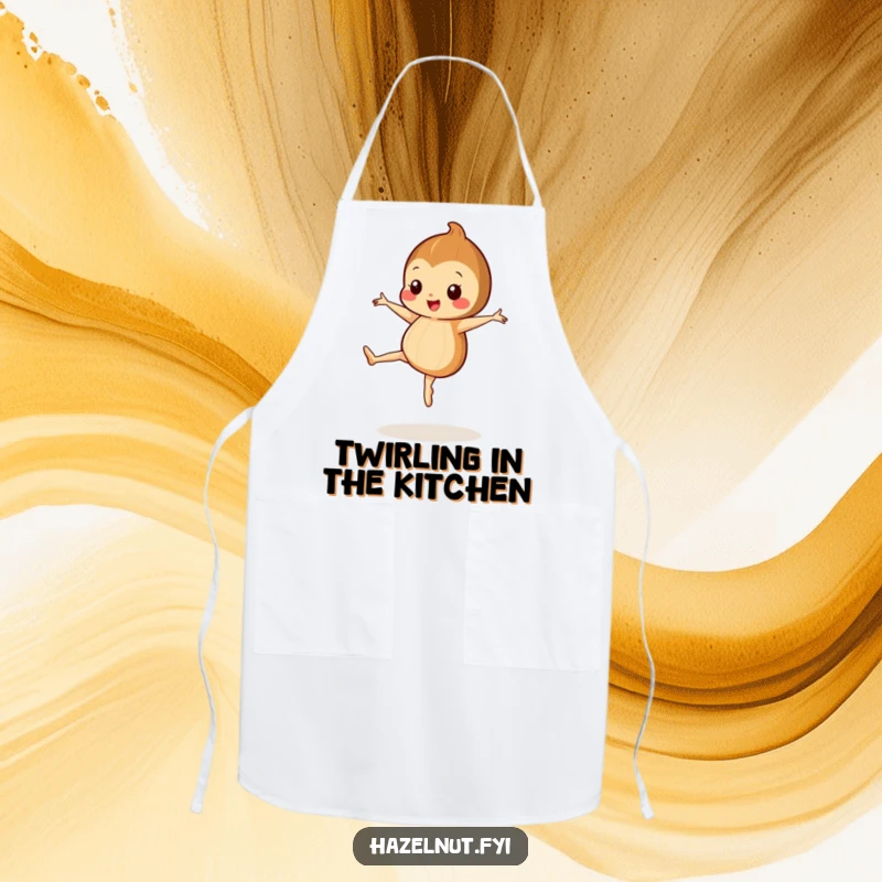 Funny apron featuring a happy hazelnut with tiny legs doing a ballet pirouette, perfect for graceful cooking.