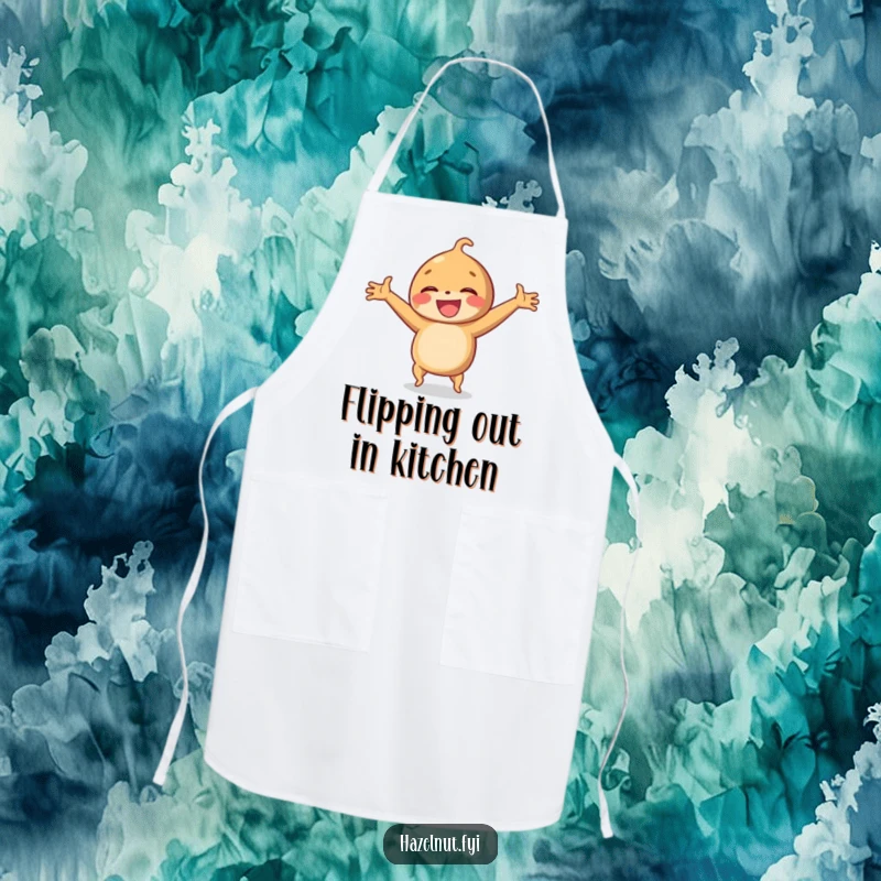 Funny apron showcasing a laughing hazelnut doing a cartwheel with arms outstretched, for kitchen fun.