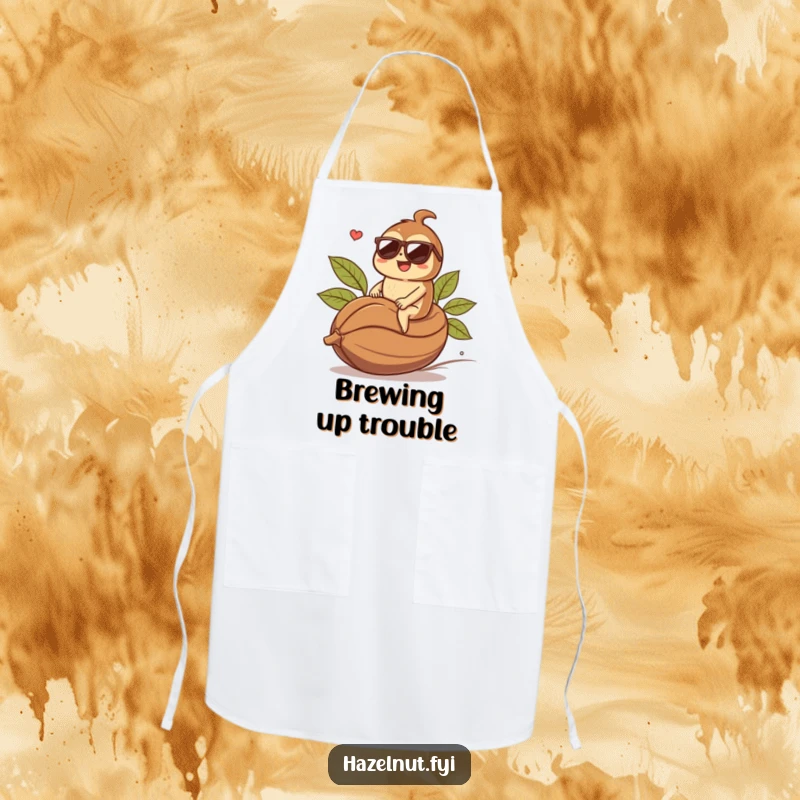Funny hazelnut character in sunglasses riding a coffee bean, while wearing a chef's hat. Hilarious funny apron.