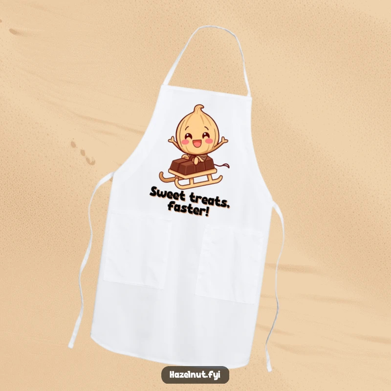 Funny Apron: A delighted hazelnut character rides a tiny chocolate bar like a sled, perfect for adding sweet and nutty fun to cooking.