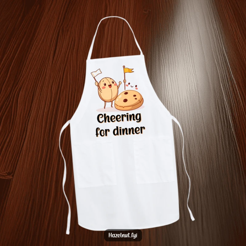 Funny Hazelnut Apron features hazelnuts cheering with flags at a cookie, bringing festive and humorous vibes to the kitchen.