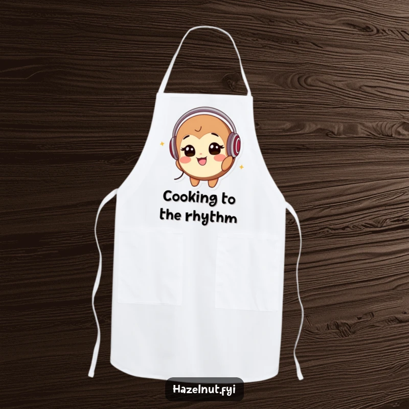 Funny Apron: A smiling hazelnut character wearing headphones bobs its head to music, perfect for adding groovy and nutty fun to cooking.