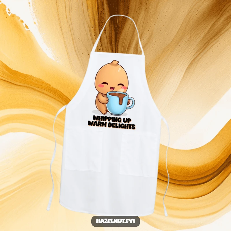 Funny apron with a delighted hazelnut winking coyly while holding a tiny, steaming mug of hot chocolate, ideal for cozy kitchen moments.