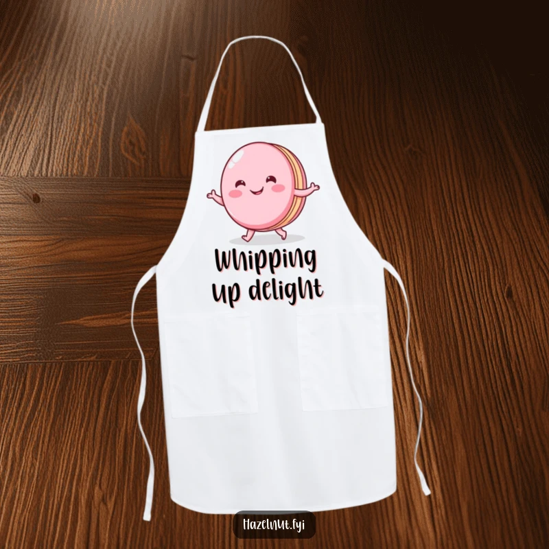 Funny apron with a cheerful macaron doing a little shuffle, designed for baking with style and kitchen protection.
