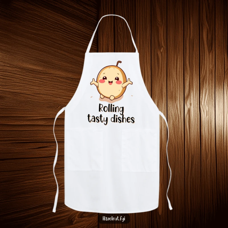 Funny hazelnut apron with arms outstretched, rolling downhill joyfully, perfect for hilarious cooking sessions.
