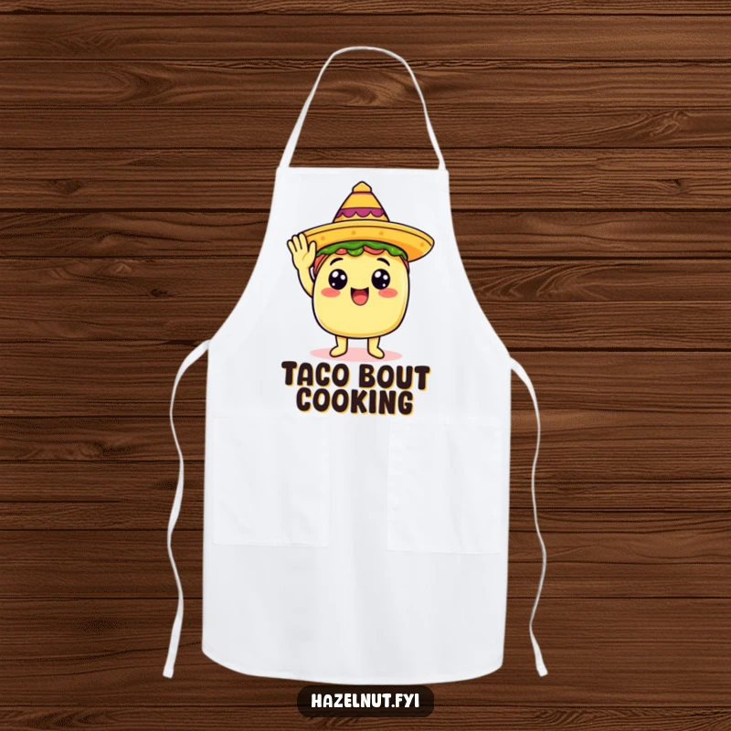 Funny apron showcasing a happy taco wearing a tiny sombrero and giving a salute, perfect for the kitchen.