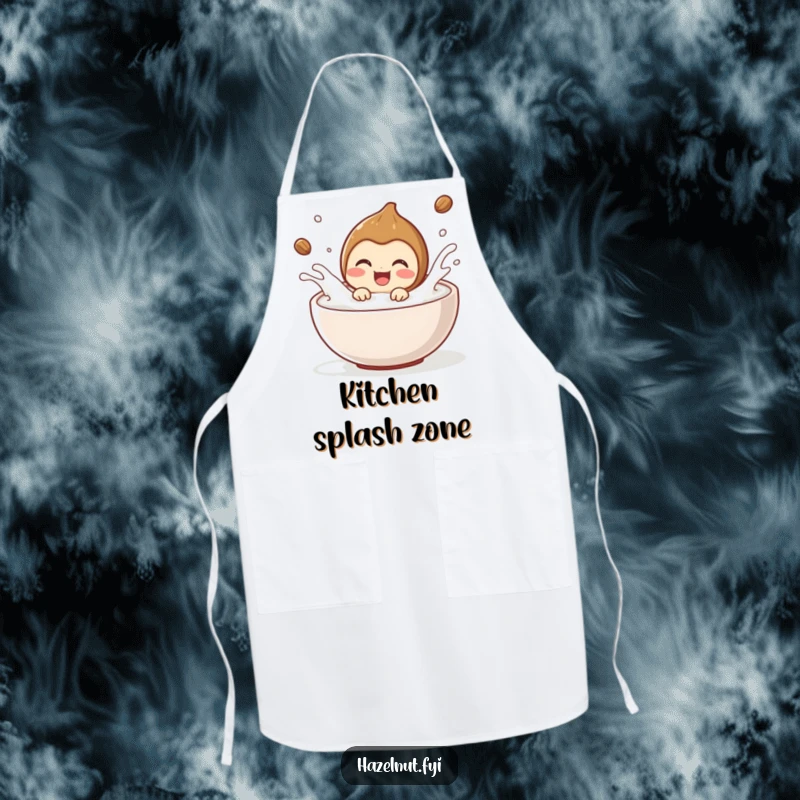 Funny hazelnut character delighted, splashing joyfully in a bowl of milk, wearing a chef's hat. Hilarious funny apron.