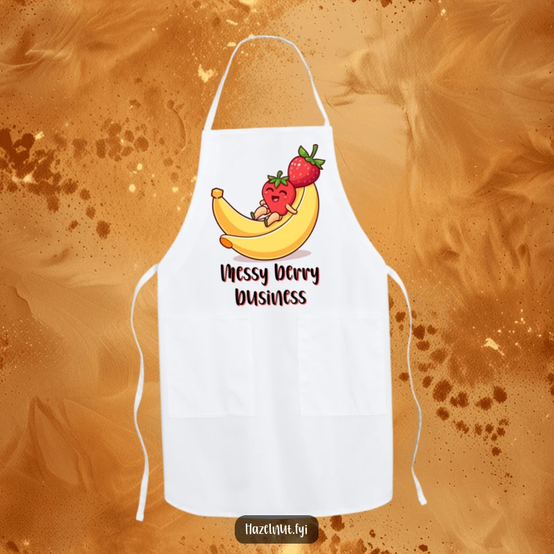 Funny apron showing a strawberry comically sliding down a banana peel, a playful addition to any kitchen.