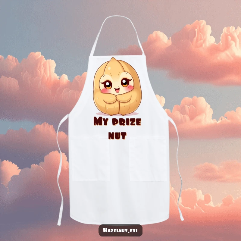 Funny Hazelnut Hug Apron: a big-eyed nutty character joyfully hugging a huge hazelnut, ideal for cooking, a funny gift.