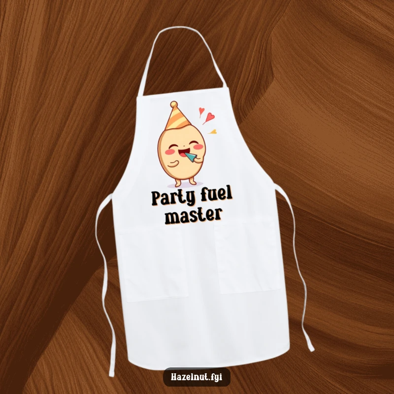 Funny hazelnut character in a party hat, laughing and blowing a noisemaker, wearing a chef's hat. Hilarious funny apron.