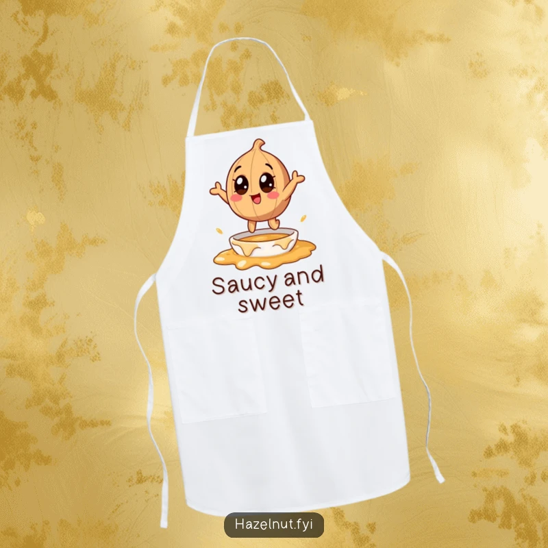 Funny hazelnut character leaping into caramel, on a kitchen apron, adding humor and sweetness to cooking for gifts.