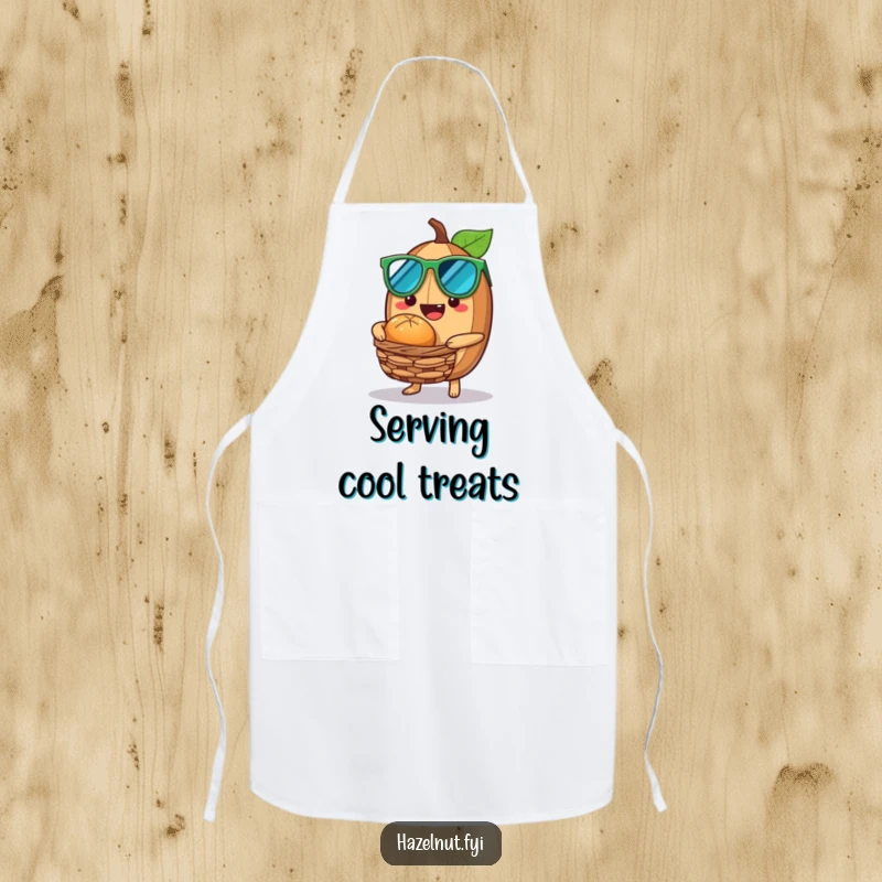 Funny Hazelnut Apron showing a hazelnut wearing sunglasses offering a nutty treat from a tiny basket, ready to serve.