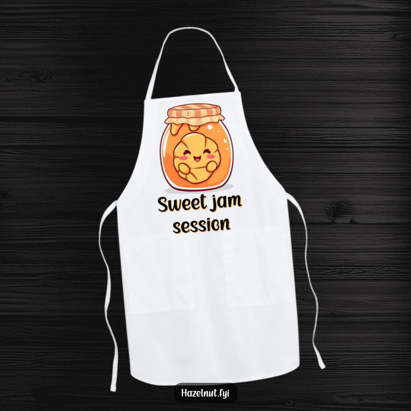 Funny apron with a smiling croissant playfully peeking out from a large jam jar, ideal for a humorous cooking experience.