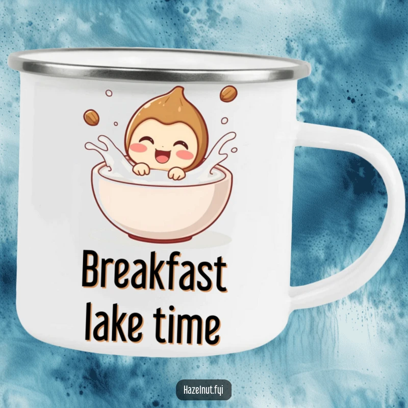 Funny hazelnut character delighted, splashing joyfully in milk, on a rugged camping mug. Perfect funny gift.