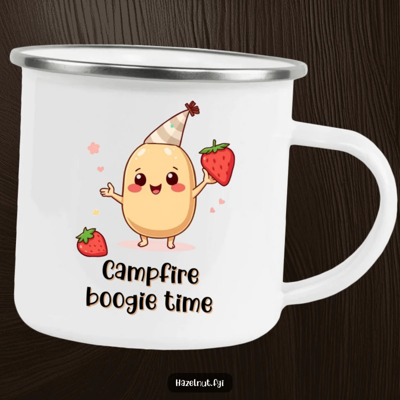 Funny hazelnut character camping mug, wearing a tiny party hat and boogying with a strawberry slice, humorous outdoor drinkware.