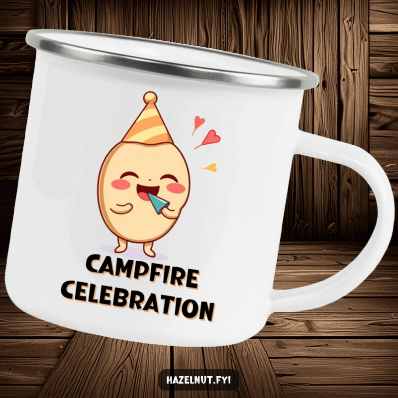 Funny hazelnut character in a party hat, laughing and blowing a noisemaker, on a rugged camping mug. Perfect funny gift.