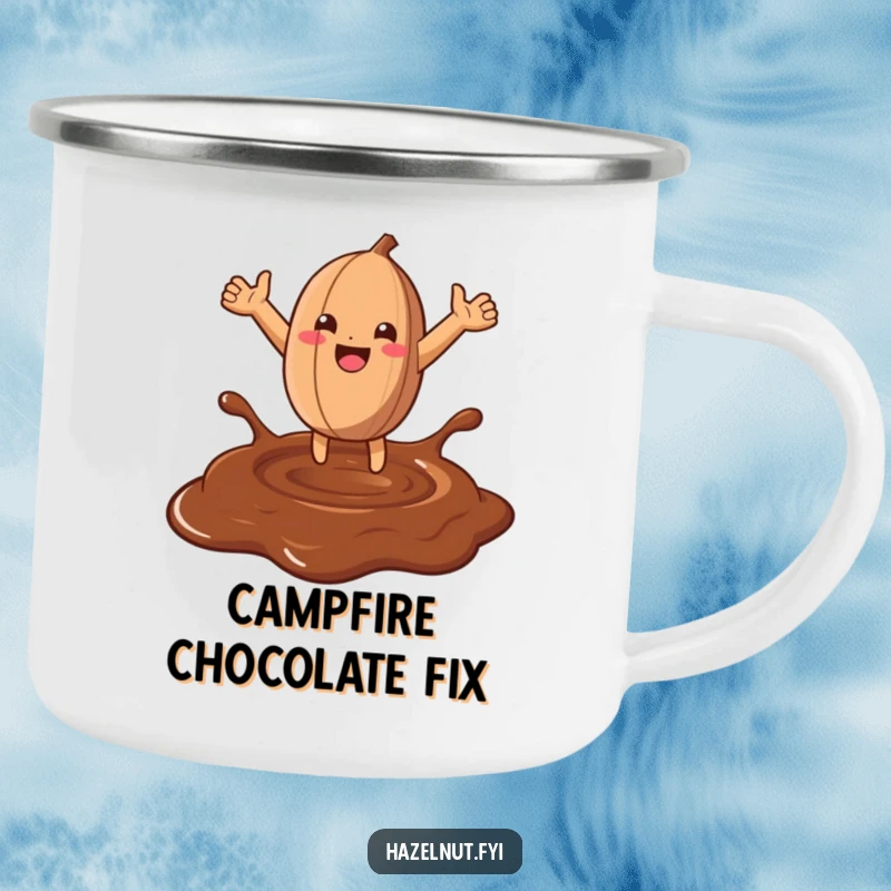 Funny Hazelnut Chocolate Leap Camping Mug: A happy hazelnut leaps into chocolate on an enamel mug for outdoor enjoyment.