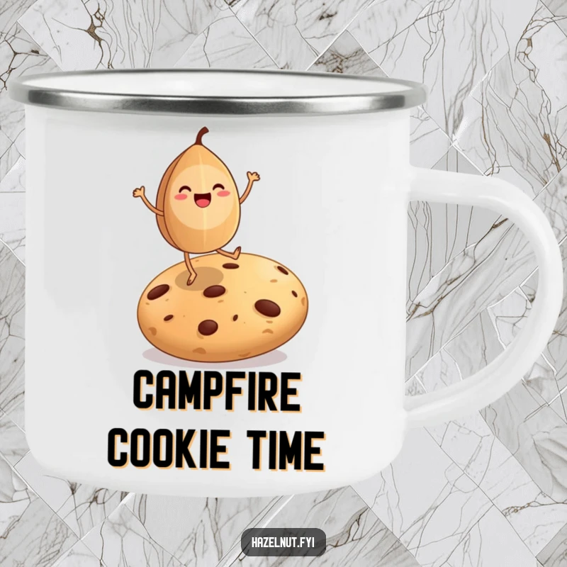 Funny camping mug with a happy hazelnut dancing on a giant cookie, perfect for outdoor celebrations.