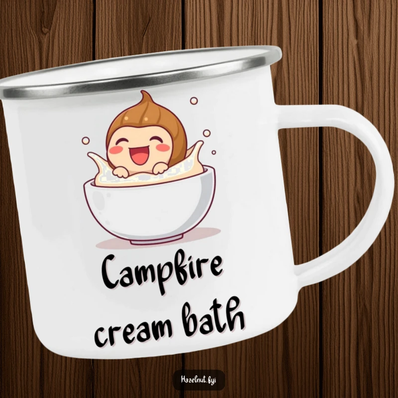 Funny camping mug with a laughing hazelnut splashing in cream, bringing humor and joy to outdoor adventures, a great gift.