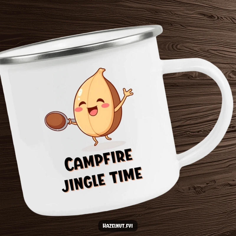Funny camping mug with a joyful hazelnut dancing with a spoon, for outdoor enjoyment.