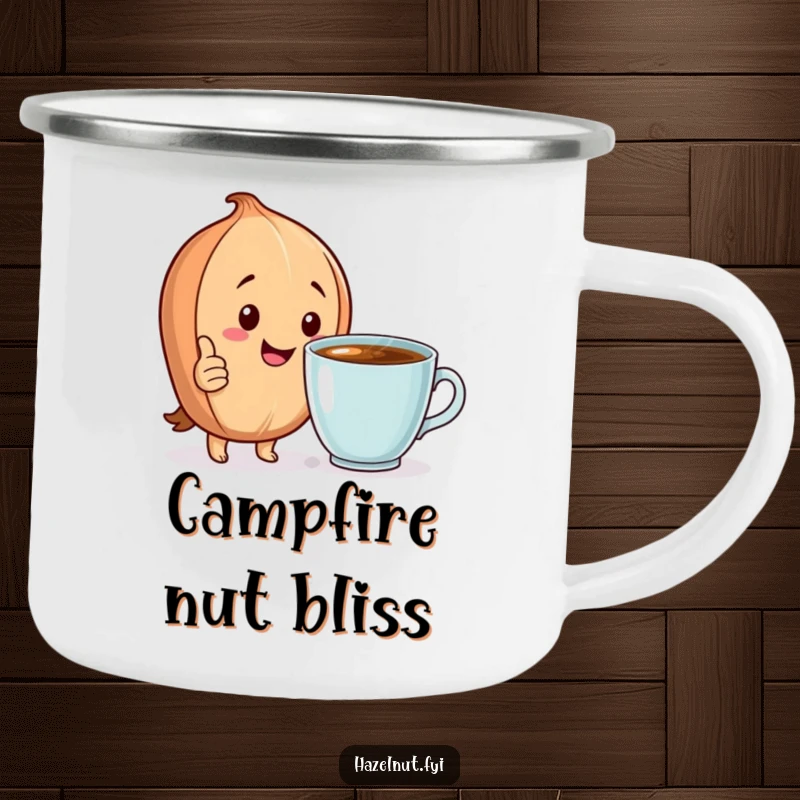Funny Camping Mug: A happy hazelnut gives a thumbs up next to a steaming cup, perfect for outdoor coffee.