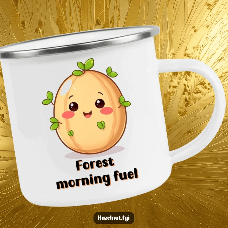 Funny hazelnut with tiny leaves sprouting on a rugged enamel camping mug, perfect for outdoor enthusiasts and nature lovers.