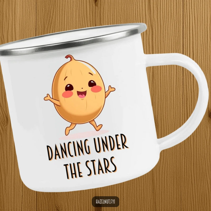 Funny camping mug featuring a cheerful, round hazelnut doing a joyful dance, perfect for outdoor enjoyment and nutty fun.