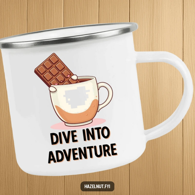 Funny camping mug with a blushing chocolate bar leaping into a big coffee mug, an amusing companion for outdoor trips.