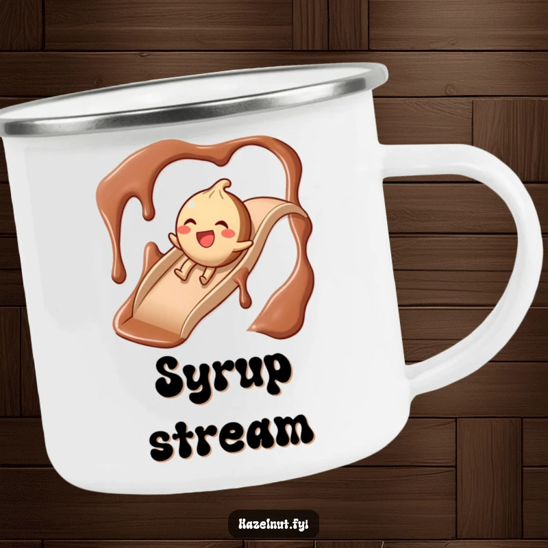Funny Chocolate Slide Hazelnut Camping Mug, a giggling hazelnut sliding down a chocolate syrup slide, perfect for campers.