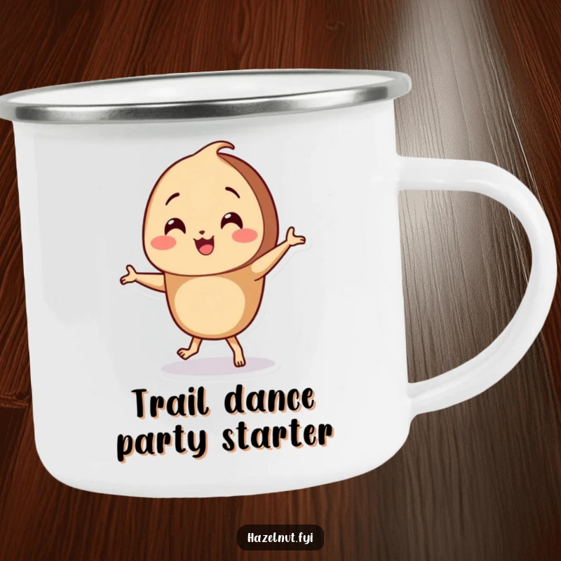 Funny Hazelnut Camping Mug showing a smiling character doing a silly little dance with tiny feet, ready for outdoor fun.