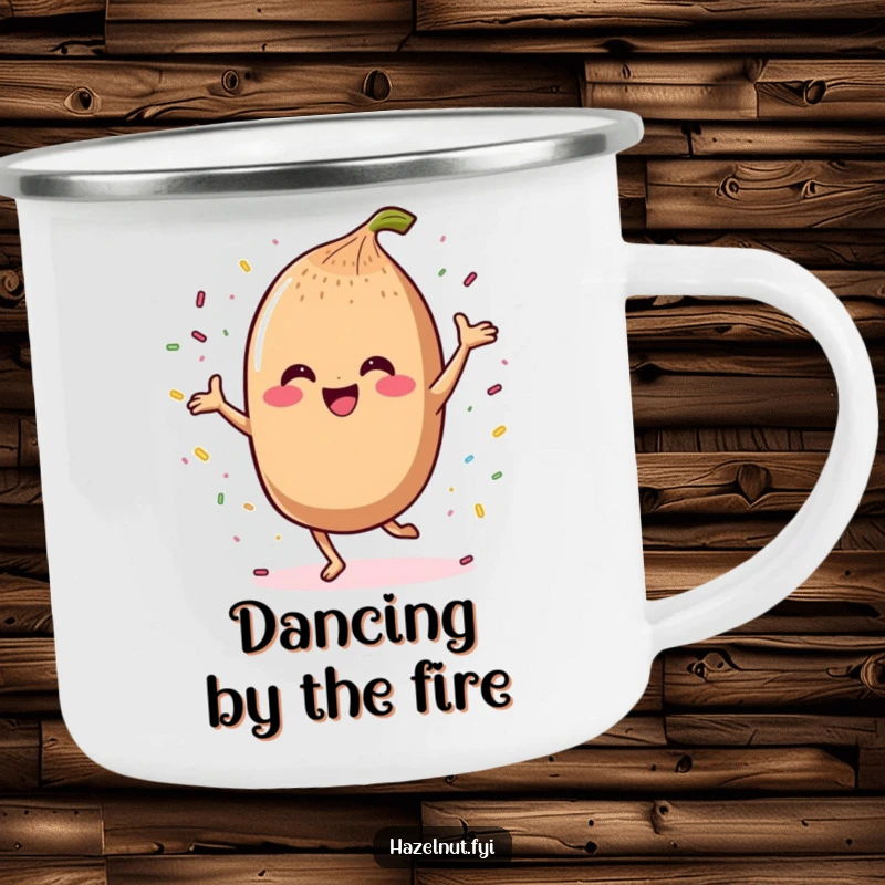 Funny enamel camping mug featuring a dancing kawaii hazelnut character with sprinkles, perfect for outdoor celebrations.