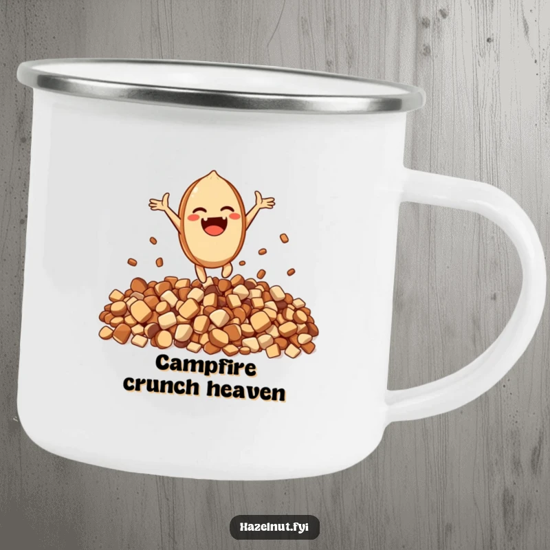 Funny Excited Hazelnut Camping Mug: An excited character leaps joyfully from a pile of crunchy bits, ideal for outdoor drinks.