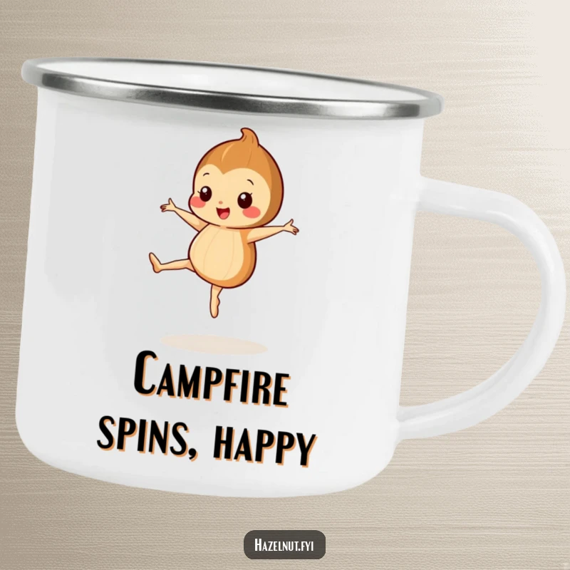 Funny camping mug showcasing a happy hazelnut with tiny legs doing a ballet pirouette, perfect for outdoor fun.