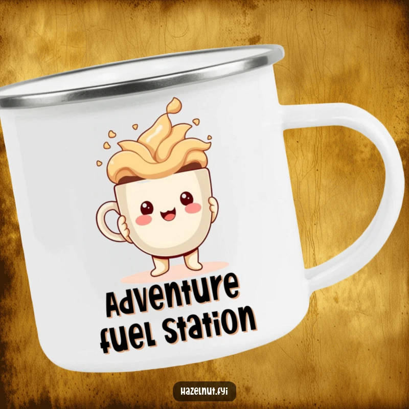 Funny Camping Mug featuring a cheerful kawaii hazelnut character with a comically large, overflowing coffee cup, built for outdoor fun.