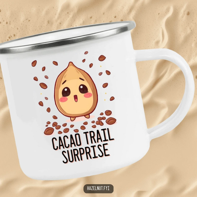Funny Hazelnut Camping Mug: a surprised nut character enjoying a shower of sparkling cacao nibs, durable and funny gift.