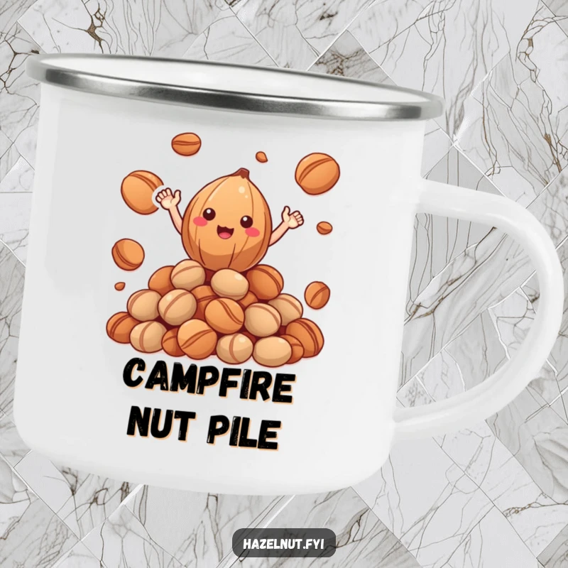 Funny Hazelnut Camping Mug: a cheerful hazelnut character with tiny arms waving from a pile of roasted nuts, a sturdy funny gift.